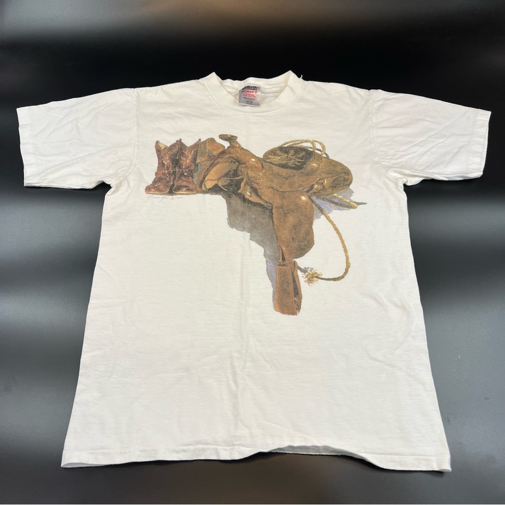 1989 Vintage Karen Rae Shirt Boots Horse Saddle Graphics White Single Stitch
